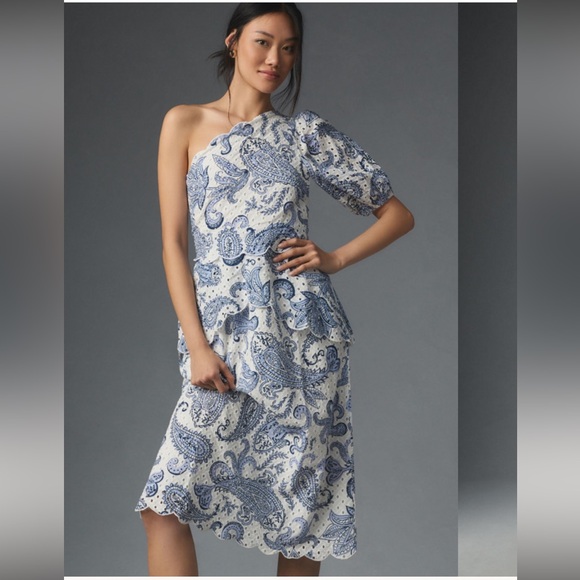 FARM Rio Dresses & Skirts - FARM Rio Anthropology Blue and White one shoulder Asymmetrical Ruffled Sundress